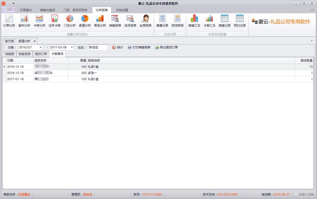蟹云软件->分析报表->渠道分析->卡券激活模块