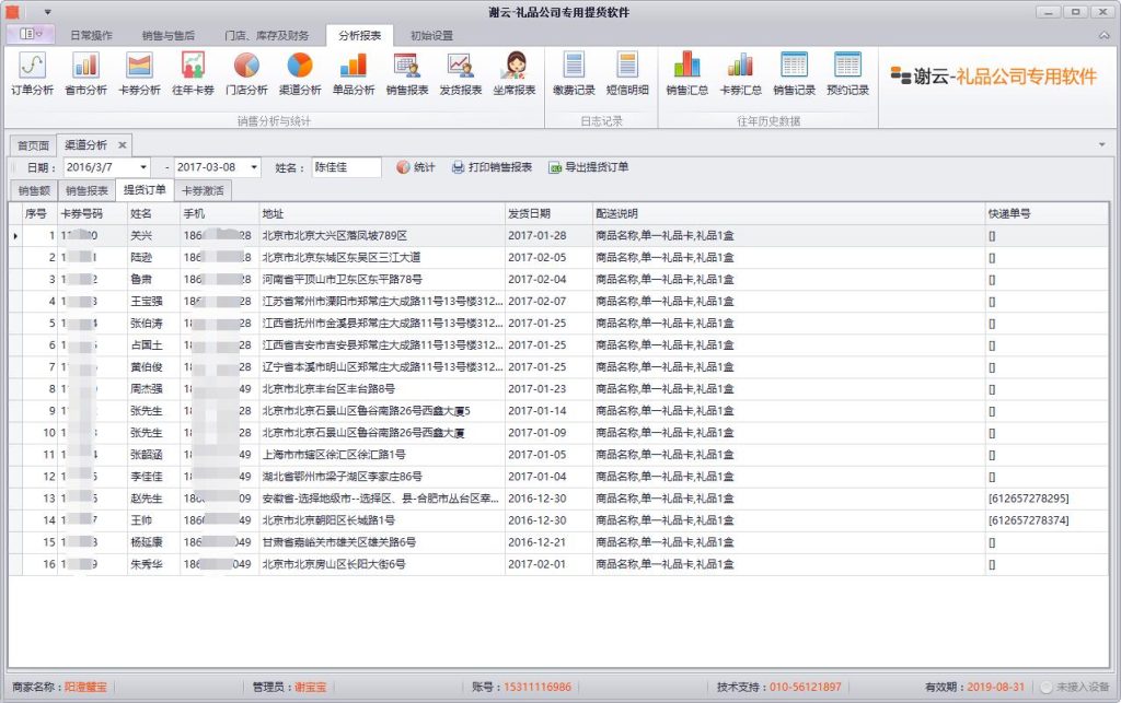 蟹云软件->分析报表->渠道分析->提货订单模块