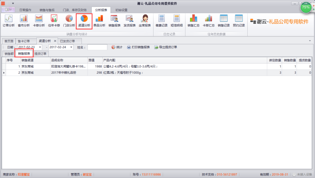 蟹云软件->分析报表->渠道分析->销售报表模块